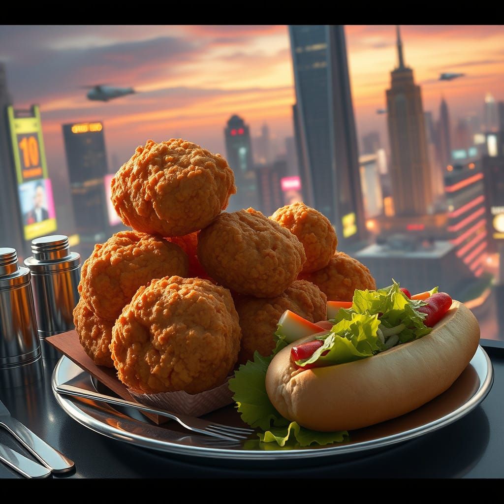 Gigantic Chicken Nuggets in Neon Cityscape
