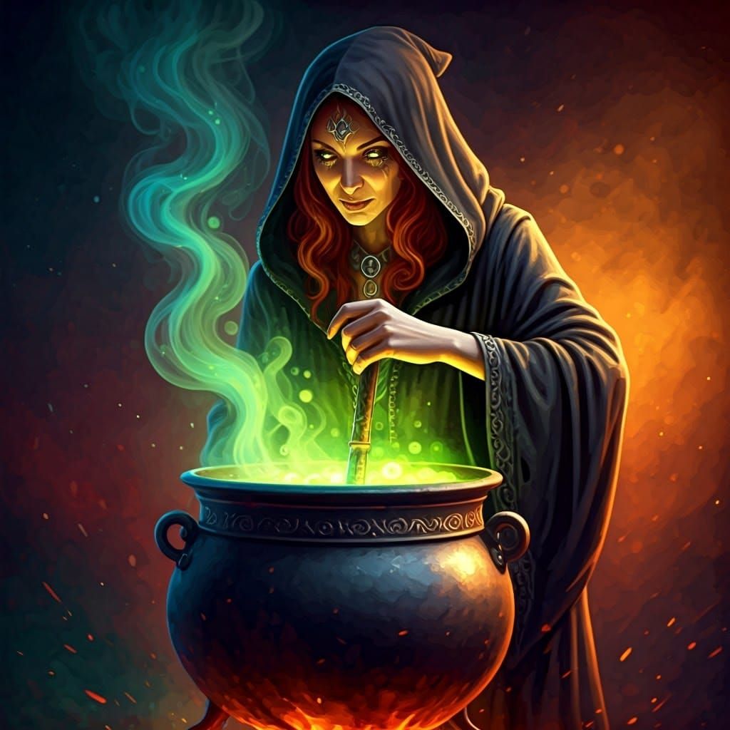 Ornate Cauldron Brew: A Hyper-Realistic Witch Scene