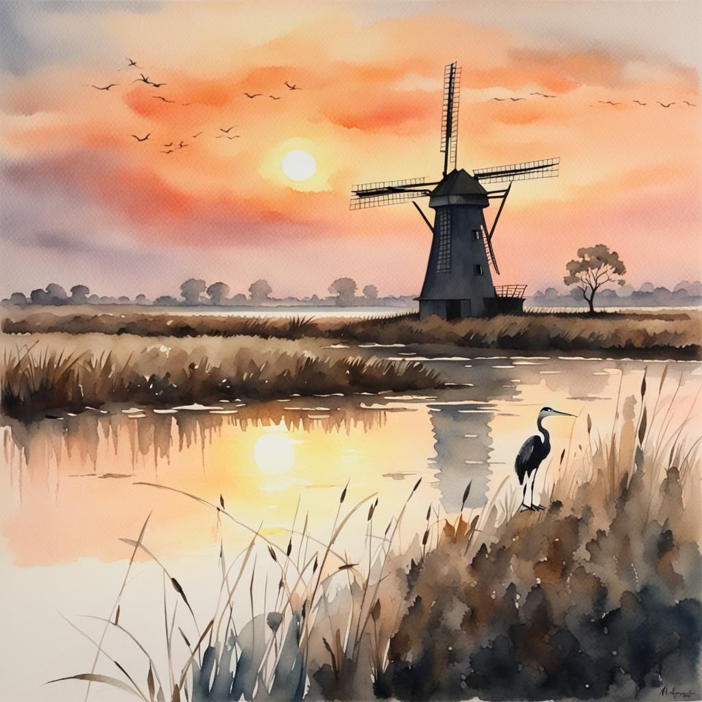 Marshland Windmill Sunset in Watercolor Style