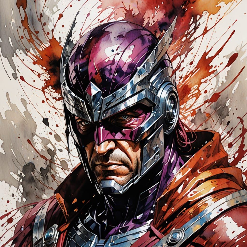 Magneto in Intense Watercolor with Flowing Metal