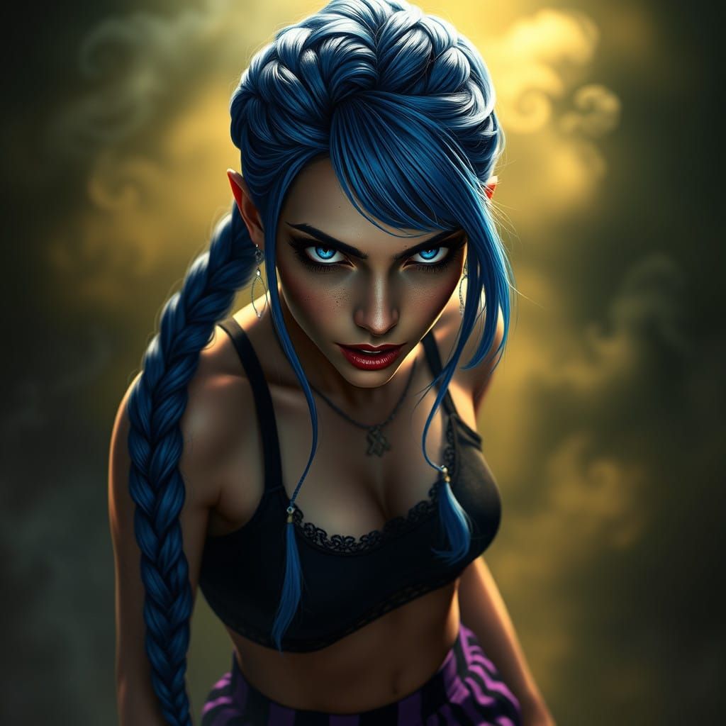 Ethereal Fantasy Portrait of Jinx with Vibrant Blue Hair