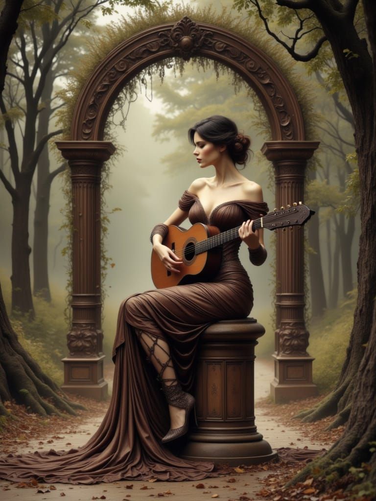 Mediterranean Woman Plays Guitar in Futuristic Roman Sandals