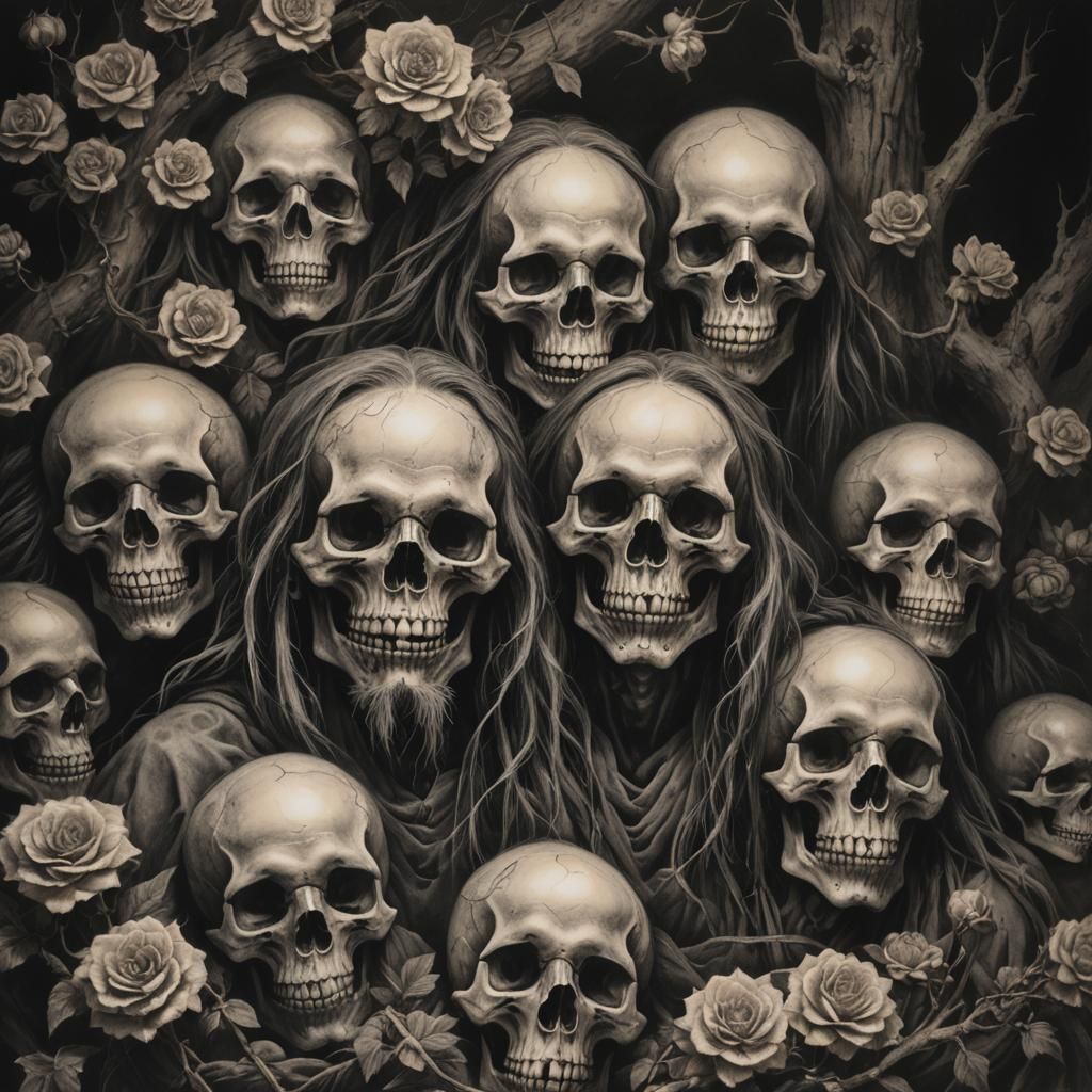 Dark Korean Aghori with Skulls: Charcoal Drawing