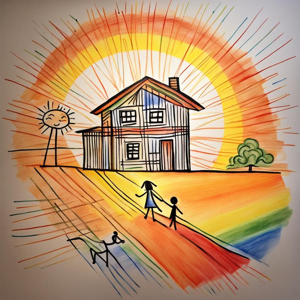 Childlike Crayon Drawing of a Family