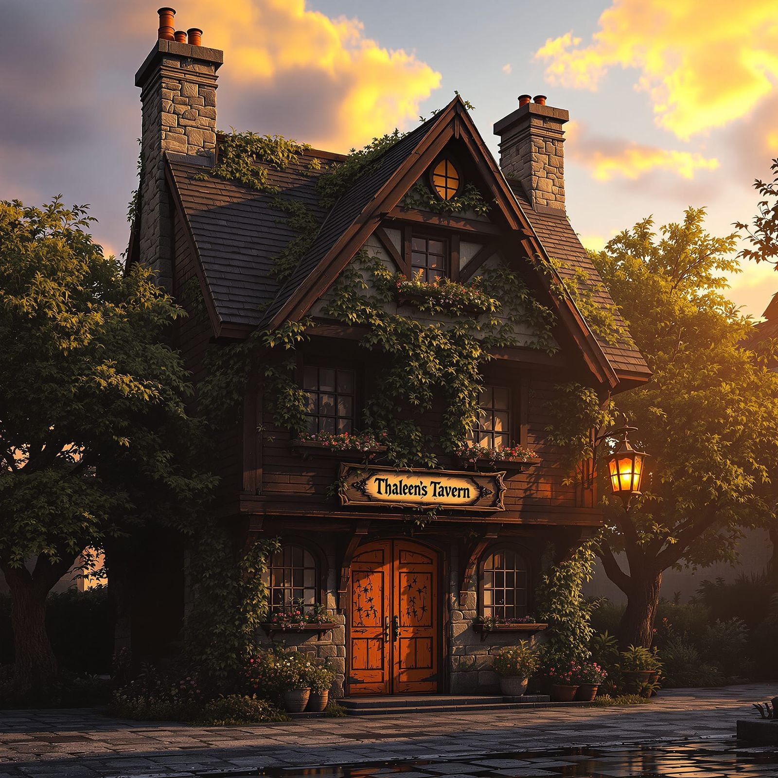 Dark Fantasy Tavern with Vine-Covered Roof and Oak Trees