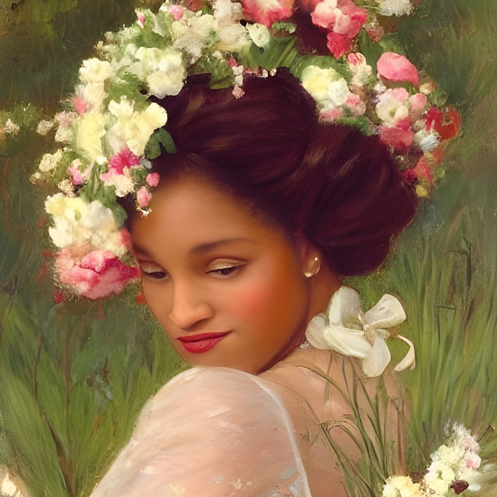 Elegant Portrait of Woman in Flower Field, Painterly Style