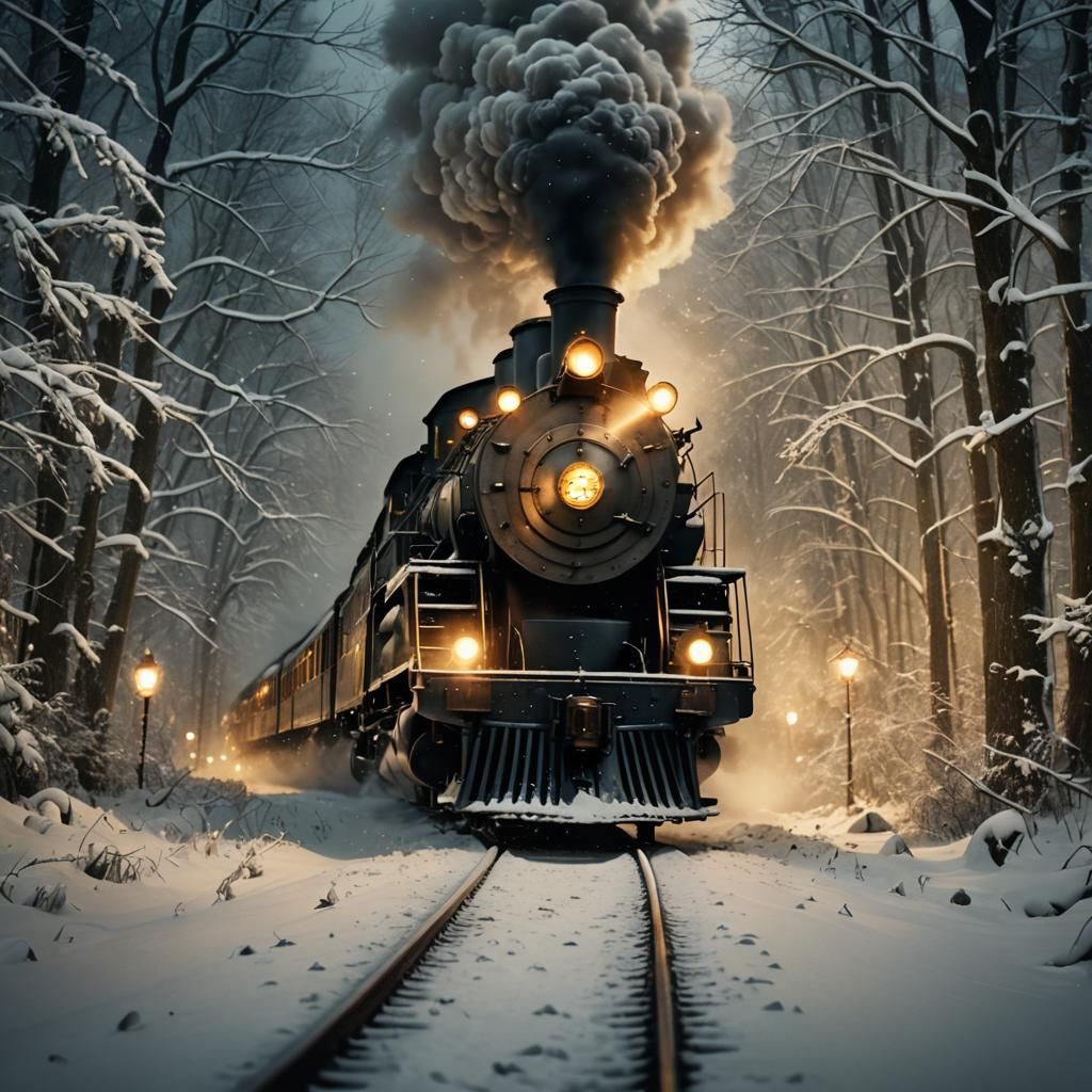 Steam Train Speeds Through Snowy Forest at Night