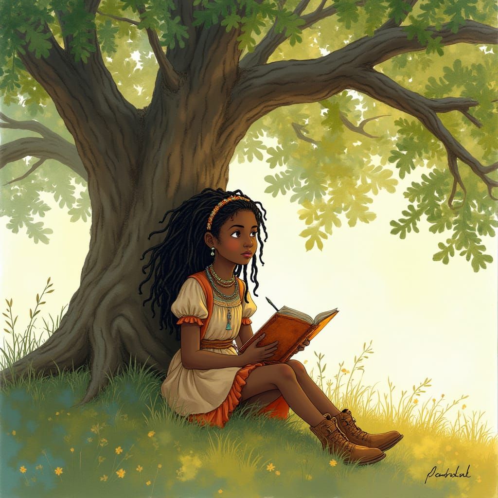 Girl Sketching Under Oak Tree in Watercolor Style