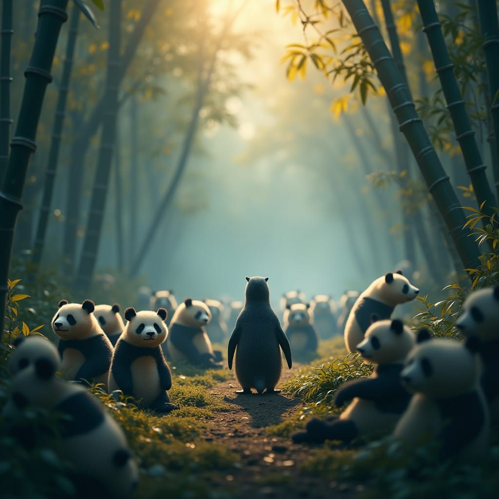 Penguin in Vibrant Bamboo Forest