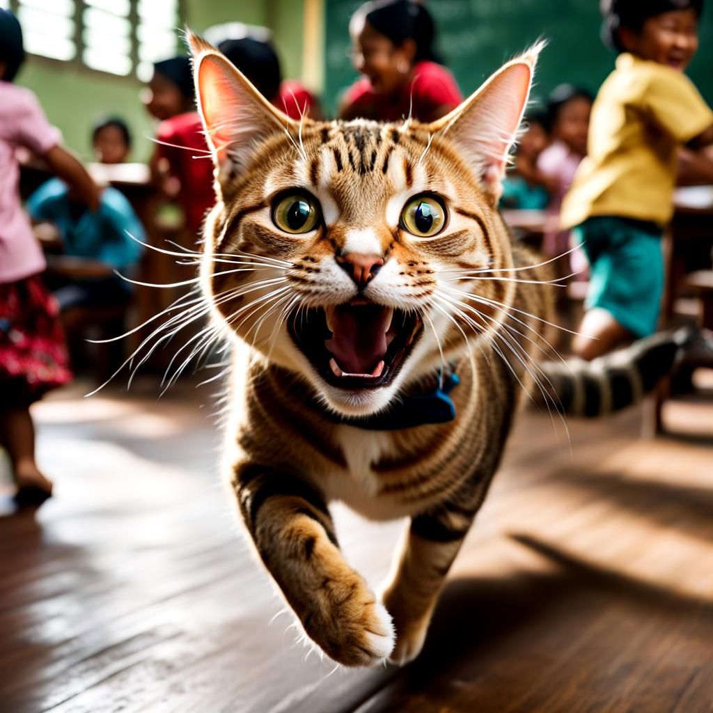 Excited Cat Runs Through Indonesian Classroom