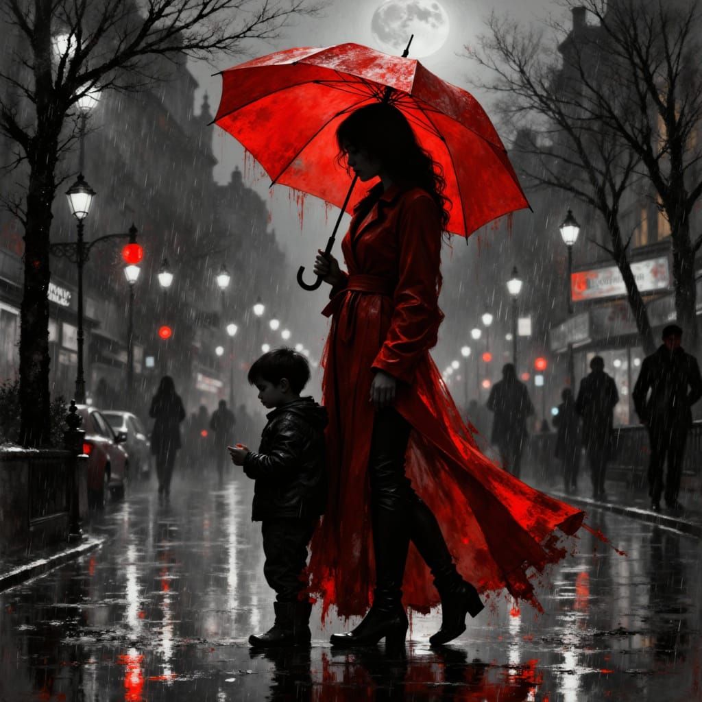 Woman and Child Under Red Umbrella in Rainy City