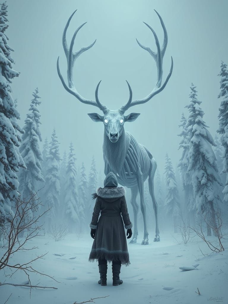 Eskimo Girl Confronts Grotesque Skeletal Deer
