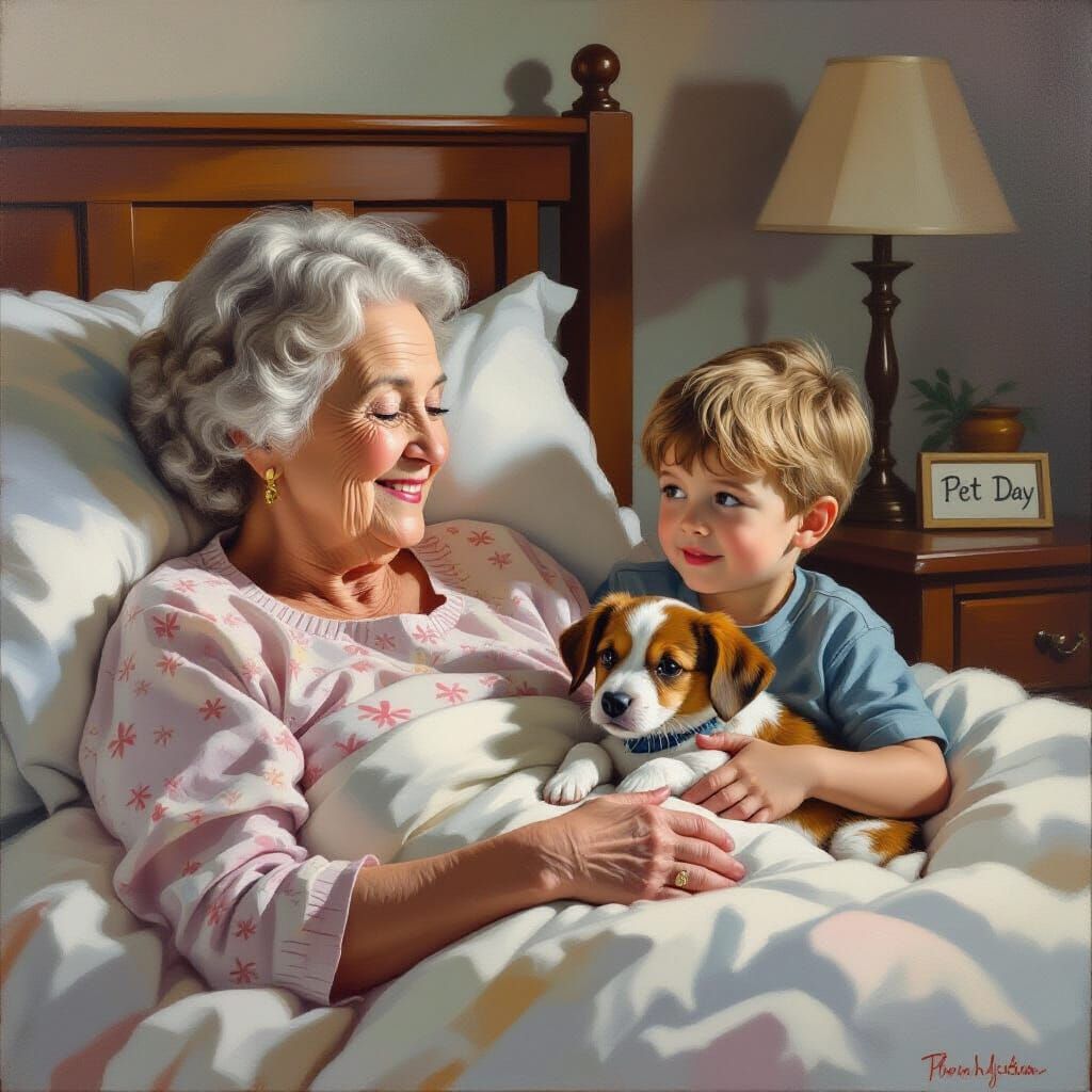 Elderly Woman and Boy Visit with Dog in Bed