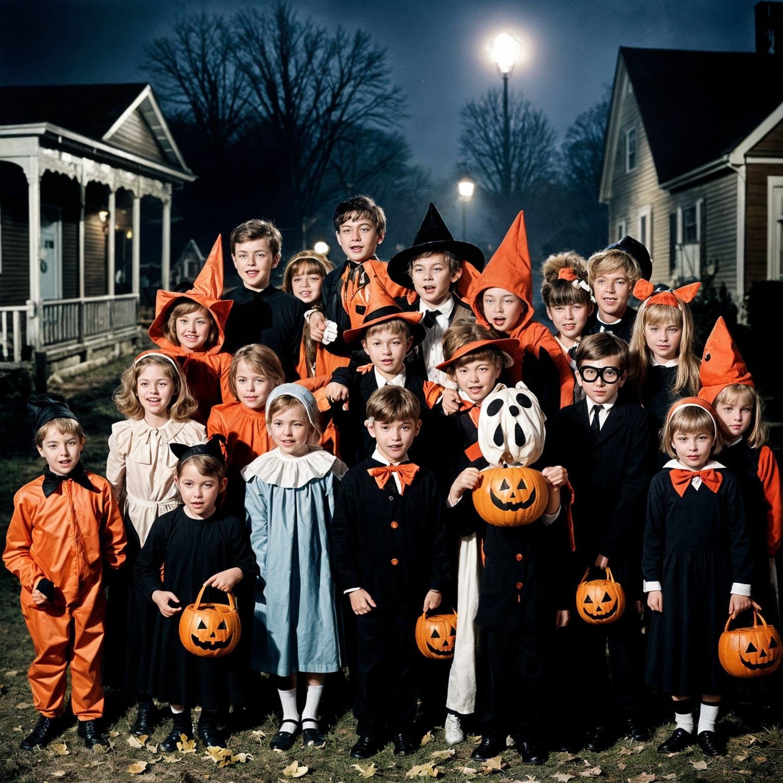 Vintage Halloween: Children Trick-or-Treating in 1960s Town