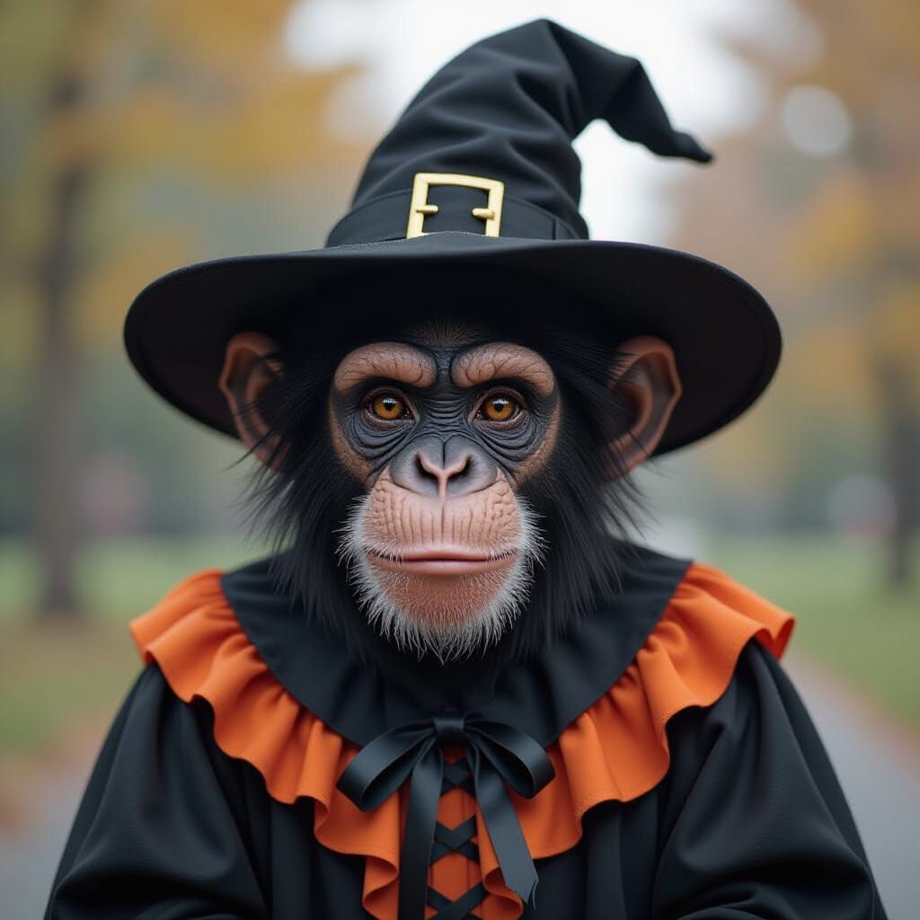 Hyperdetailed Chimpanzee in Halloween Witch Costume
