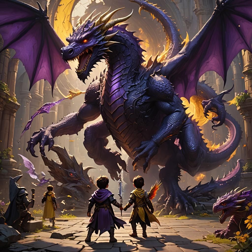Demon Kid and Dragon Fight Angels, Dark Fantasy Art
