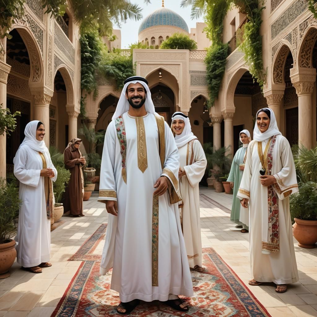 Handsome Arab Man with Wives in Courtyard: 3D Anime Art