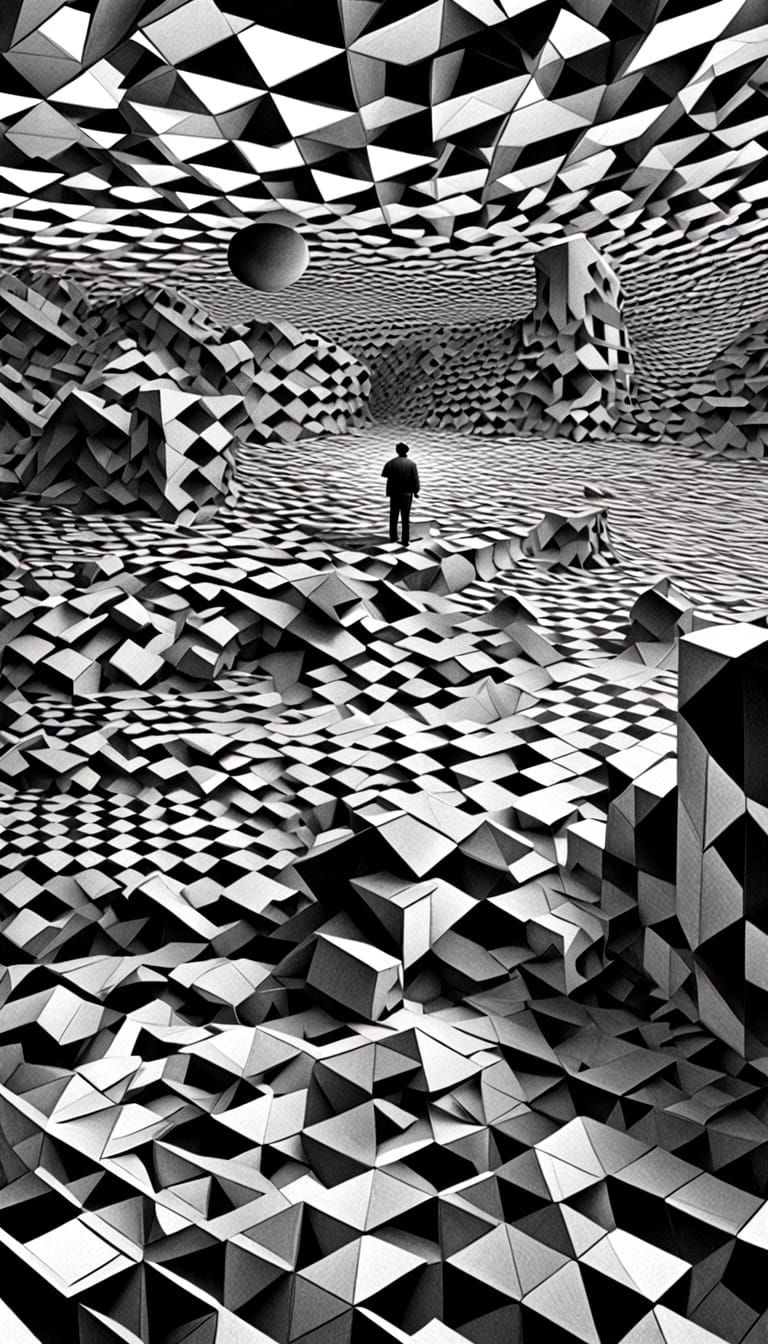 Surreal Geometric Hand in M.C. Escher-Inspired Style