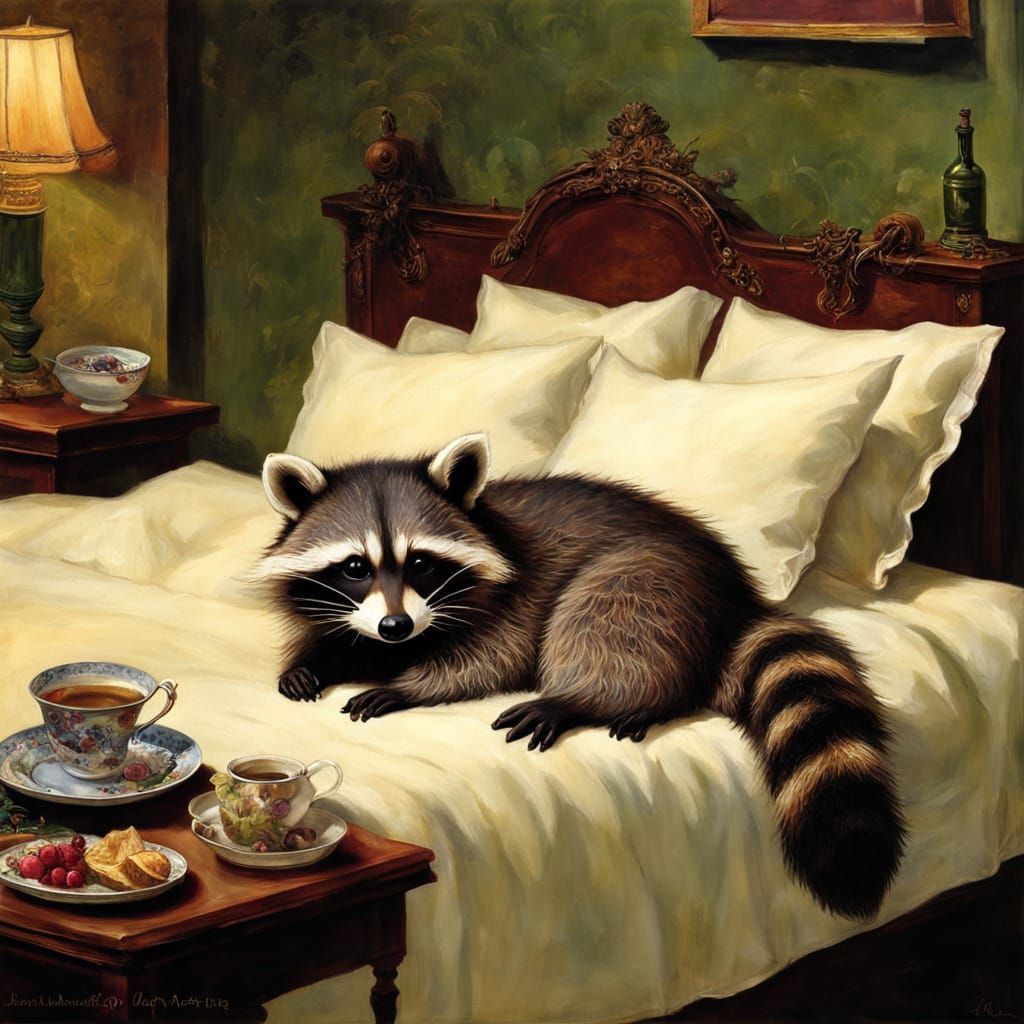 Raccoon in bed