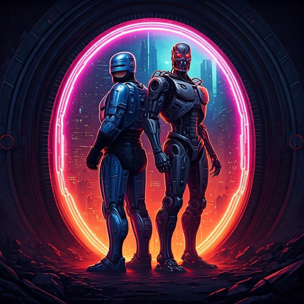 RoboCop and Terminator in Dystopian Cyberpunk Cityscape