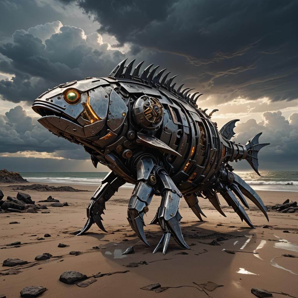 Cybernetic Fish on Desolate Beach in Cyberpunk Style