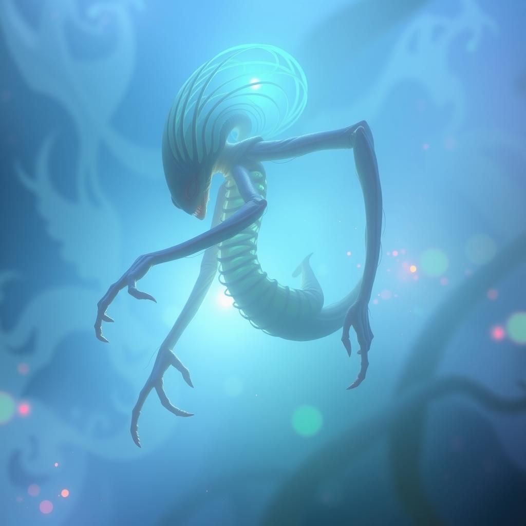 Surreal Alien Creature in Dreamlike Iridescent Mist