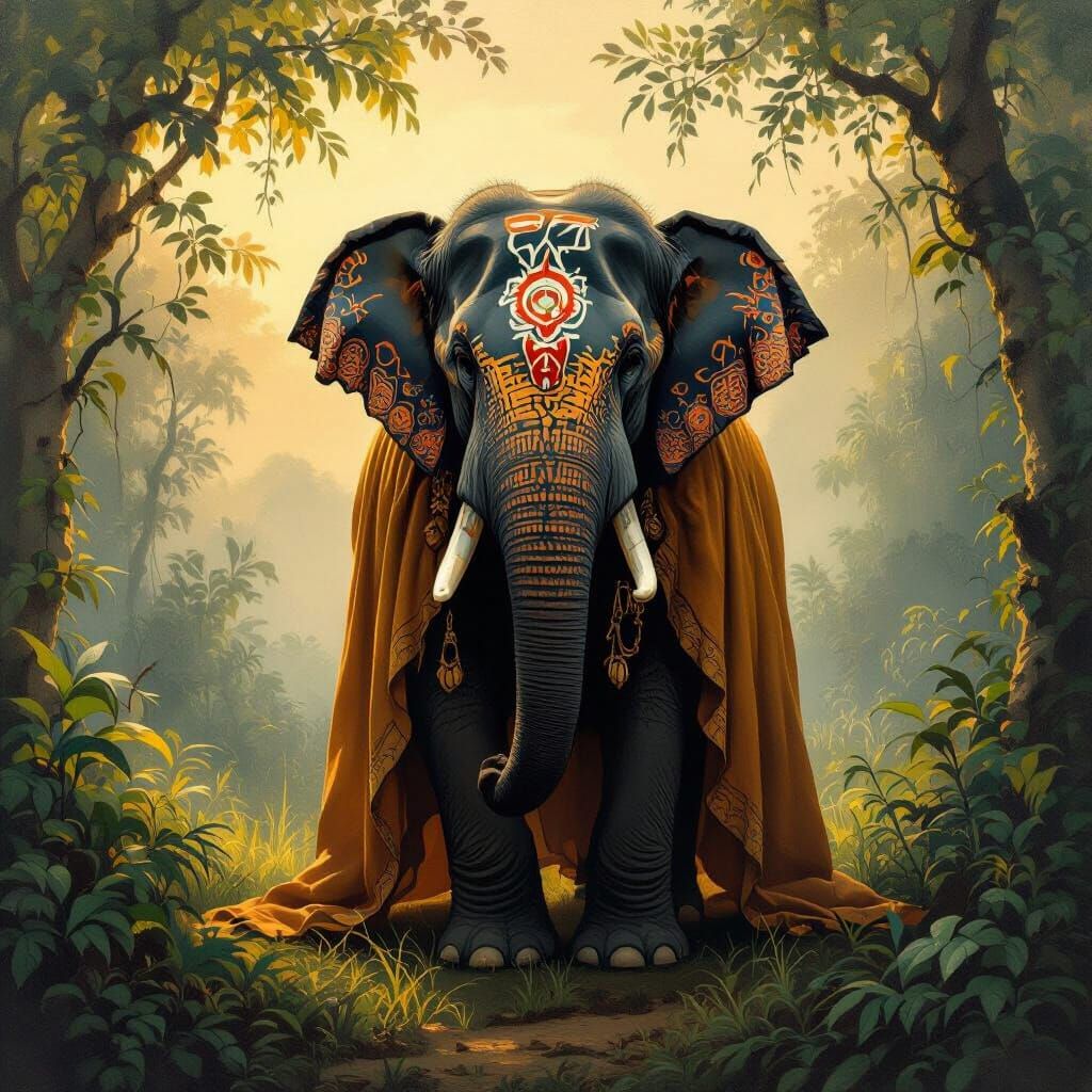 Elephant with Tribal Markings in Jungle, Oil Painting Style