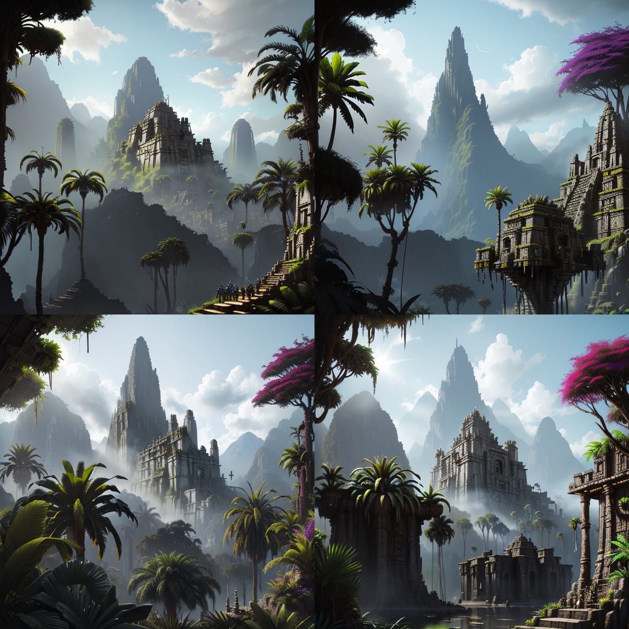 Biopunk Inca Temples in Vibrant, HDR-Like Acrylic Pouring St...