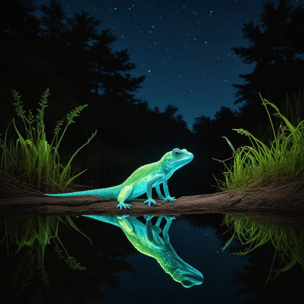 🏆bioluminescent lizard creature night pond