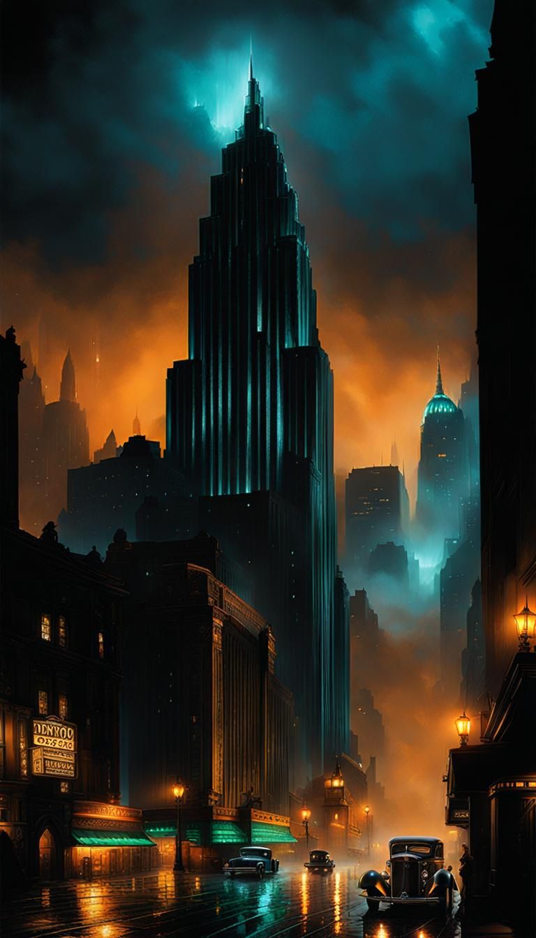 Gotham City at Night in Art Deco Style