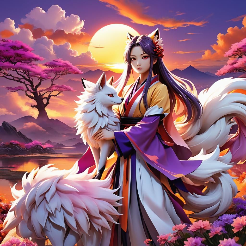 Anime Girl with Ninetails in Sunset Setting