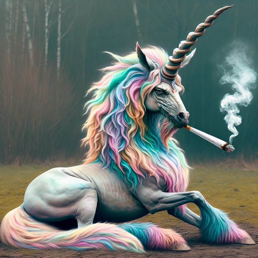 Rainbow Unicorn Smoking a Blunt in Clearing