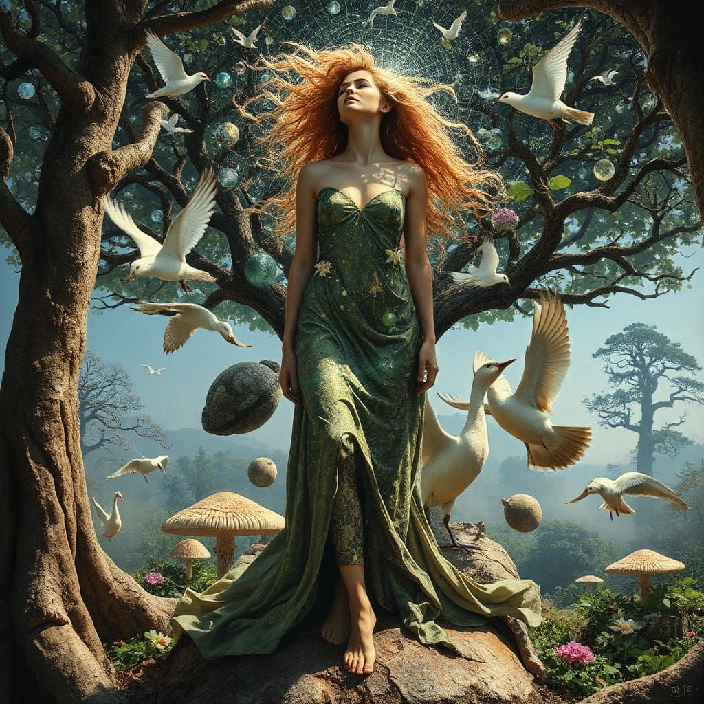 Goddess of Life with Stardust Hair in Cosmic Surrealism