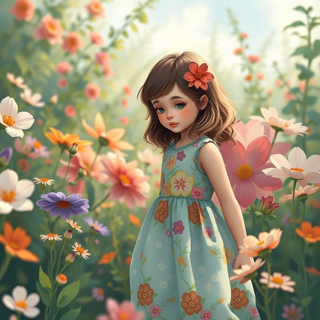 Flower Girl in Lush Garden: Impressionistic Style