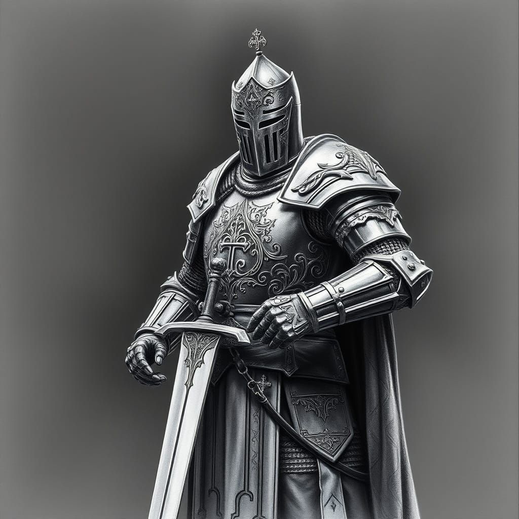 Hyperrealistic Medieval Knight in Charcoal Drawing Style