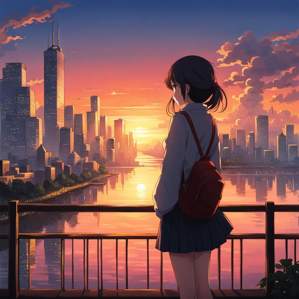 Sunset Cityscape with Anime Girl in Distance