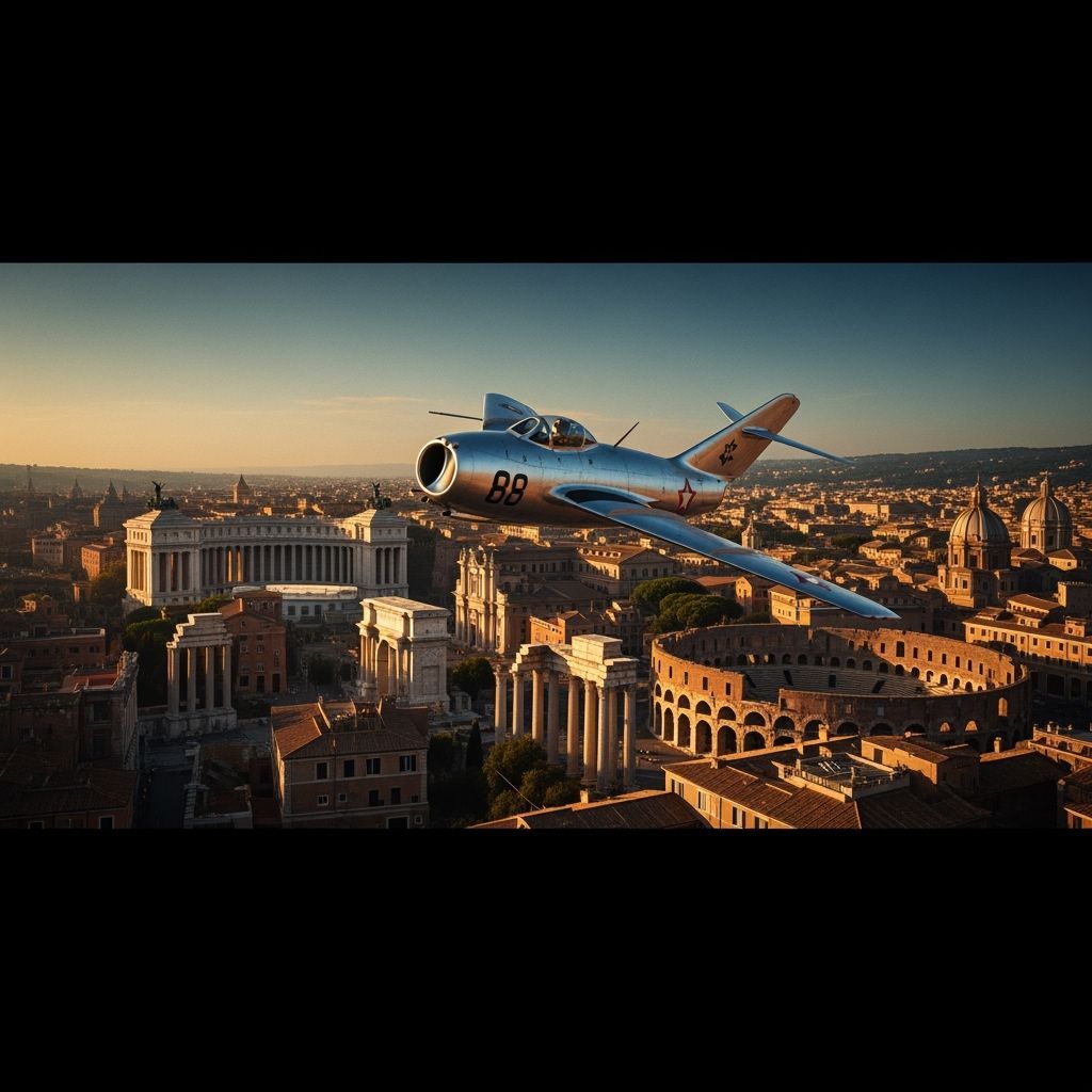 MiG-15 Jet Soars Over Ancient Rome Rooftops