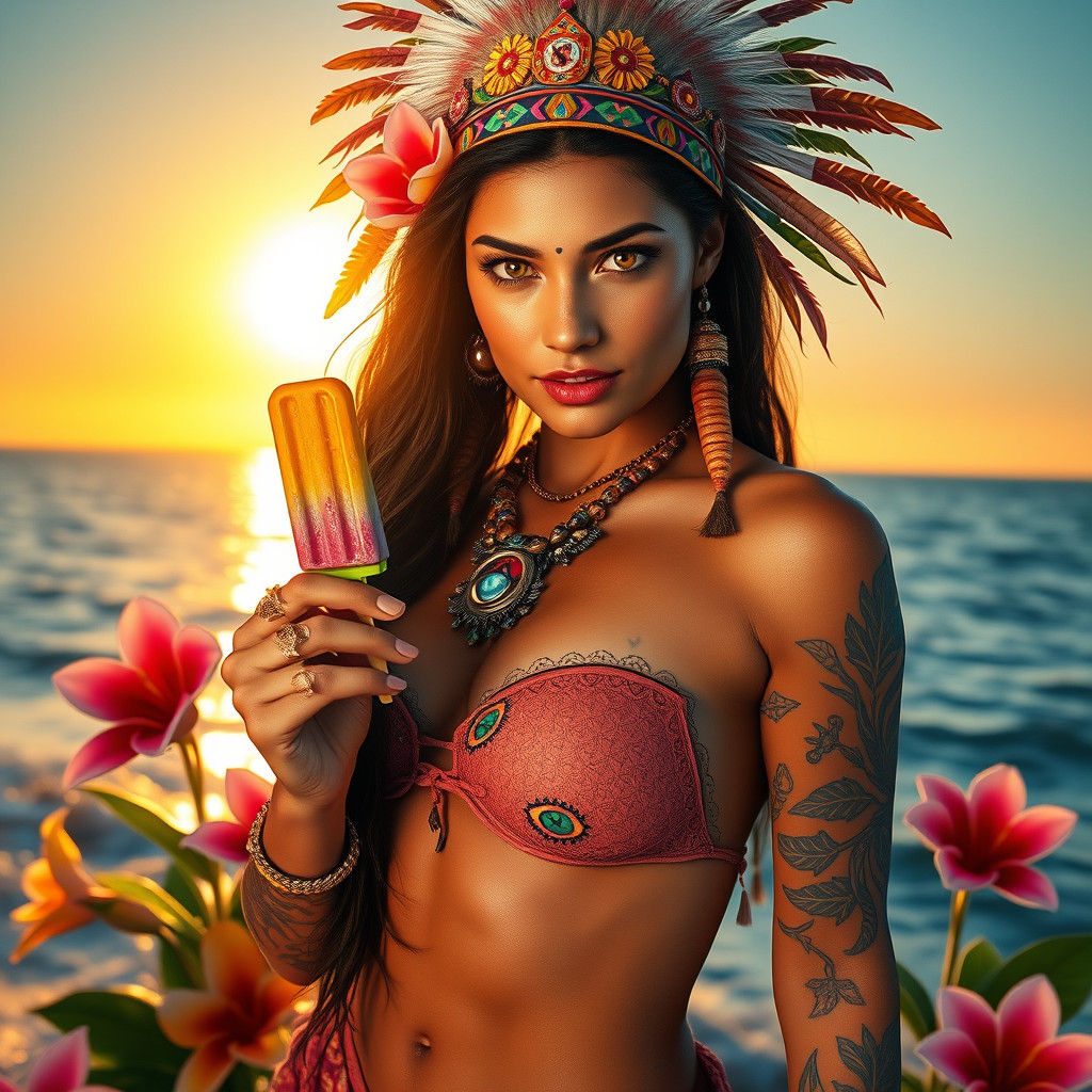 Native American Woman with Yellow Eyes in Golden Light