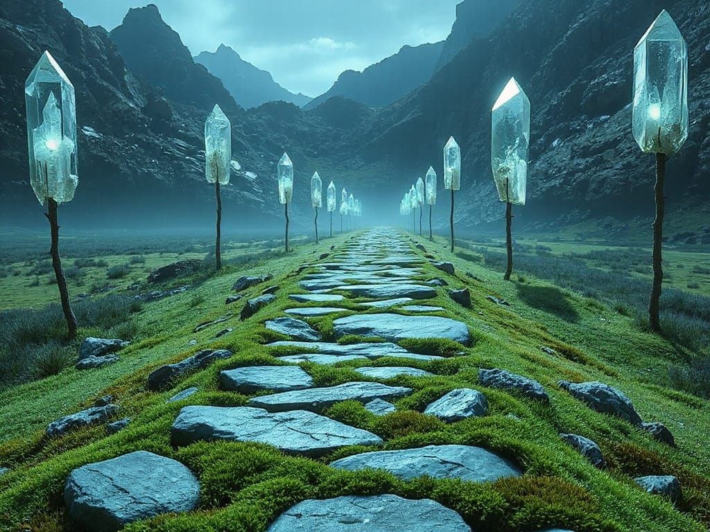 Crystal Trees Illuminate Mossy Alien Pathway