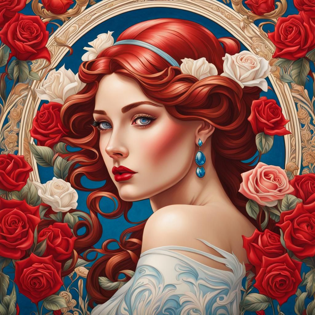 Woman with Roses in Art Nouveau Rococo Style