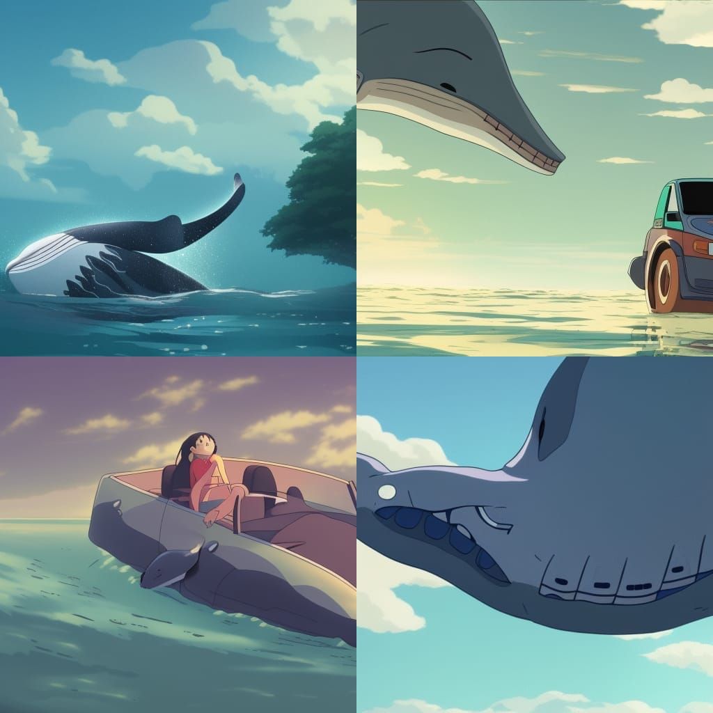 Whale Rides Car in Studio Ghibli Anime Style