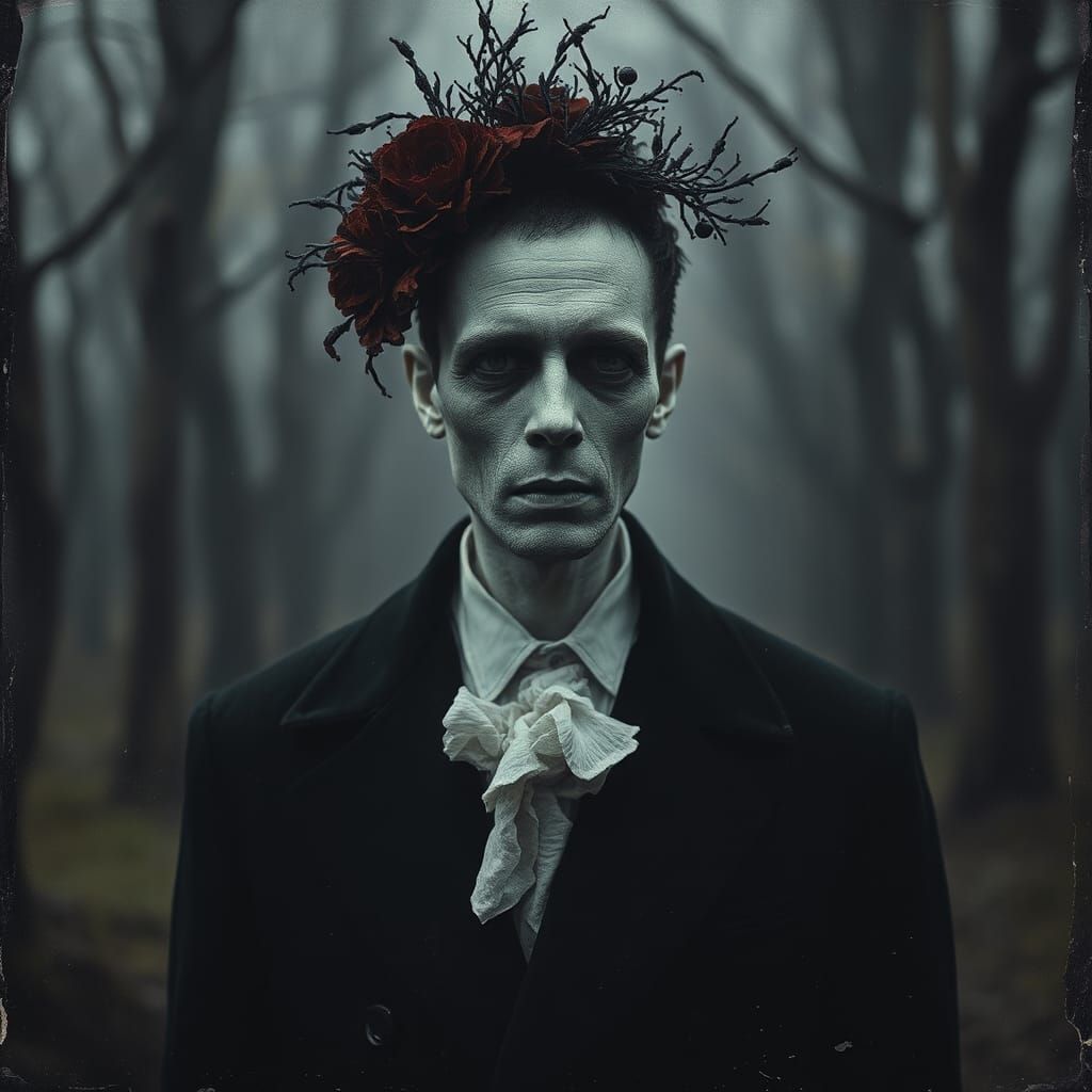 Eerie Undertaker in Dystopian Labyrinth: Distressed Photo