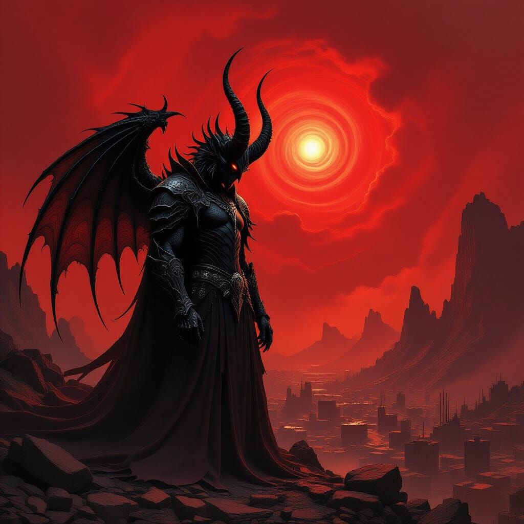 Colossal Demon in Fiery Apocalyptic Cityscape