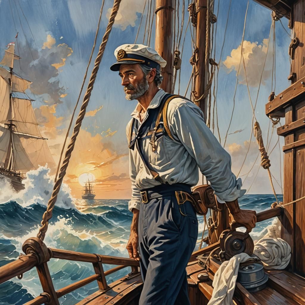 Weathered Sailor Gazing at Stormy Seas as Gouache Painting