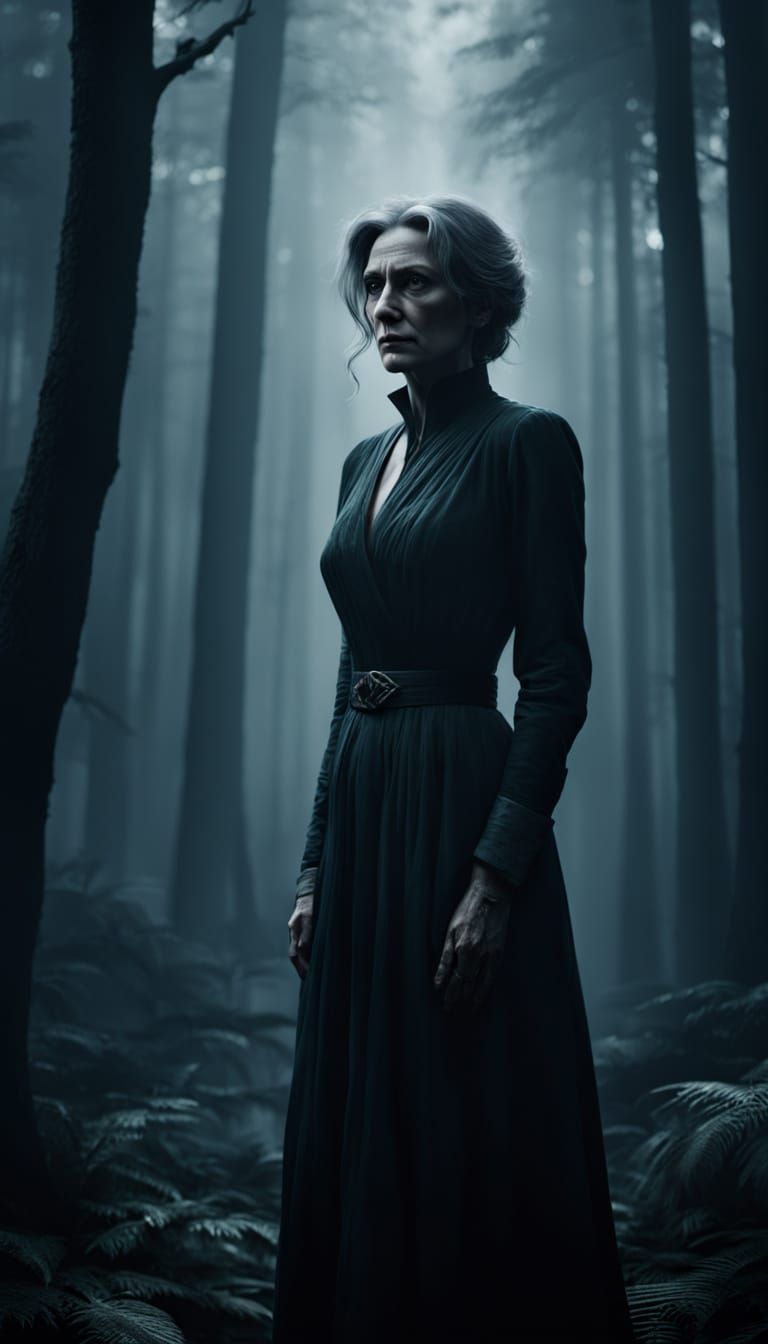 Noir Cinematic Portrait of a Mysterious Woman in Foggy Fores...