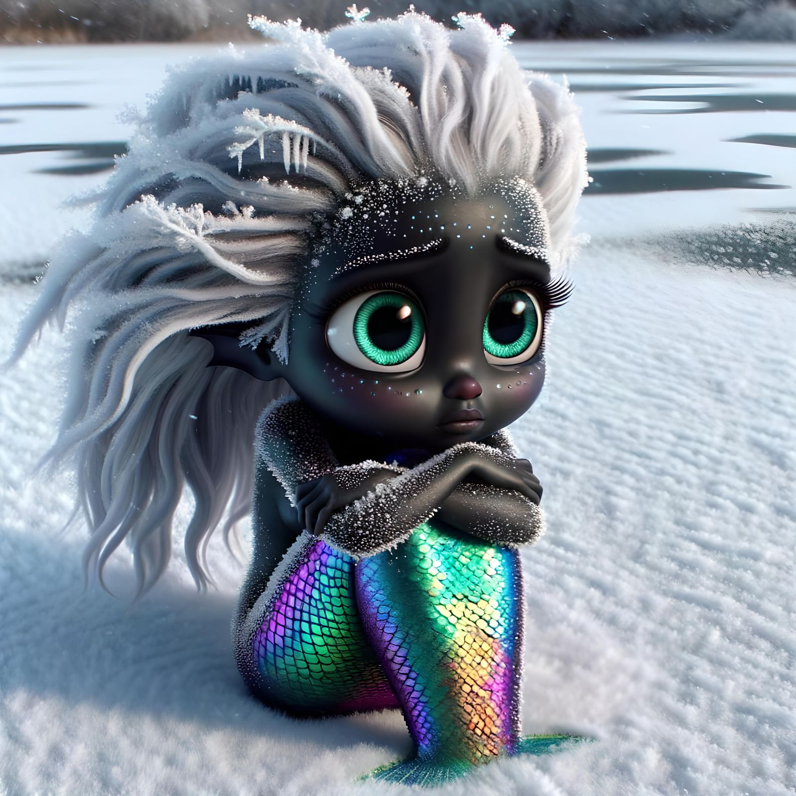 Cartoon Mermaid Shivering in the Snow: CGI Art