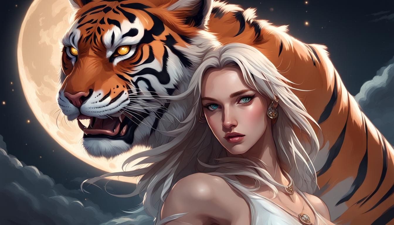 Angel Woman with Tiger Under Moonlight