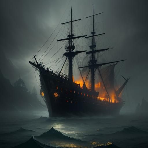 Ghost Ship in Lightning Storm: Dark Fantasy Art