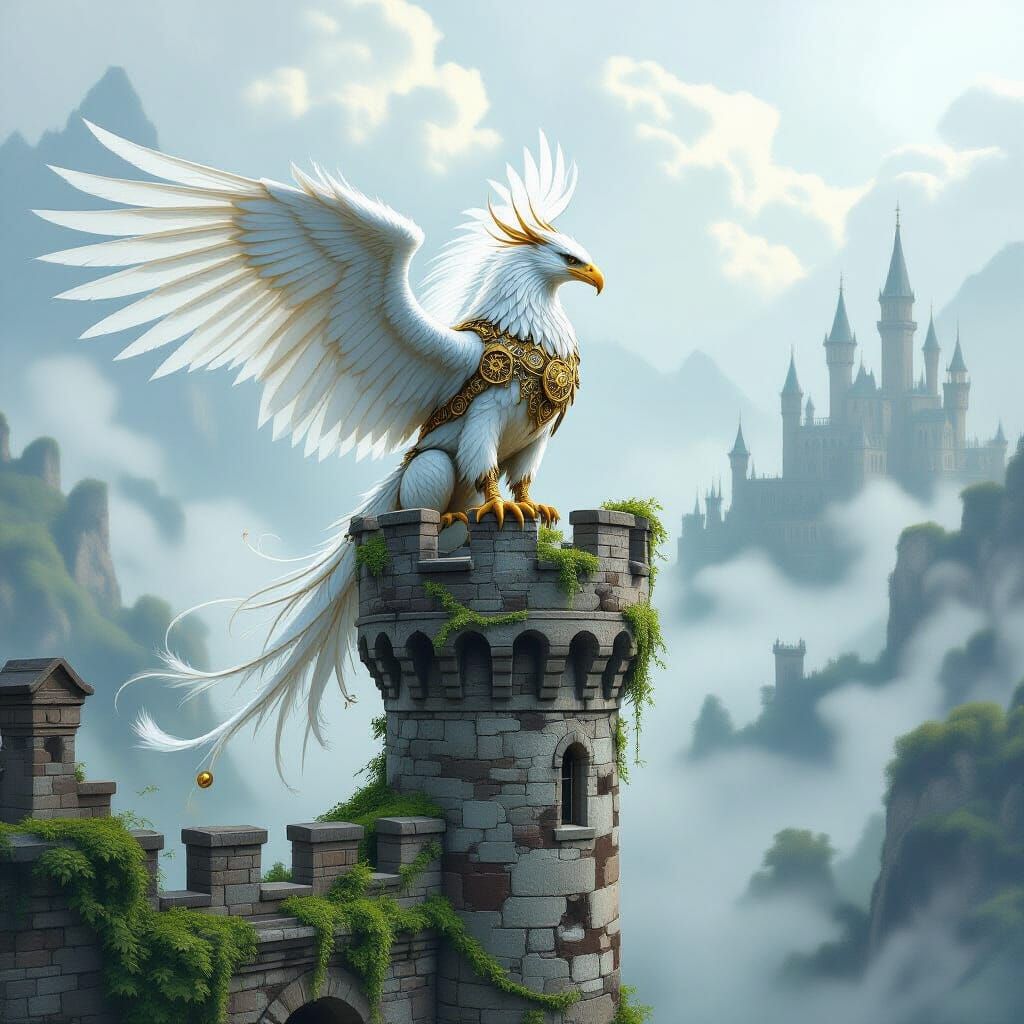Steampunk Griffin on Castle Turret in Misty Valley