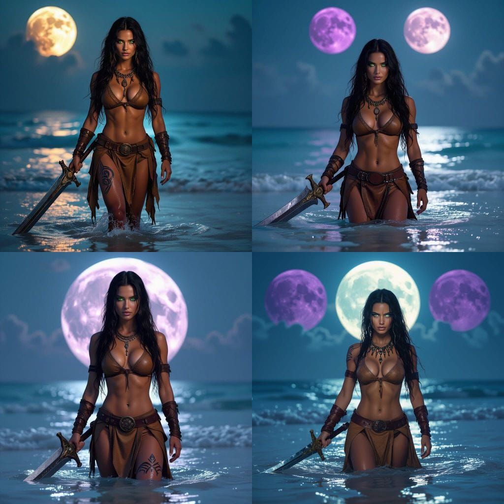 Mystical Warrior Woman on Moonlit Beach